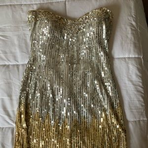 strapless silver gold sequin dress! Perfect NYE